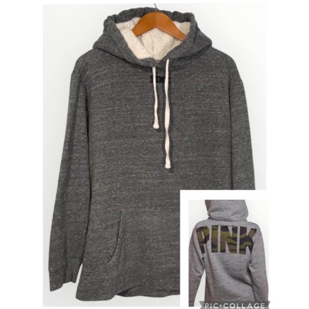 Victoria Secret PINK Gray Fleece Pullover Hoodie Large Camo Logo On Back Medium